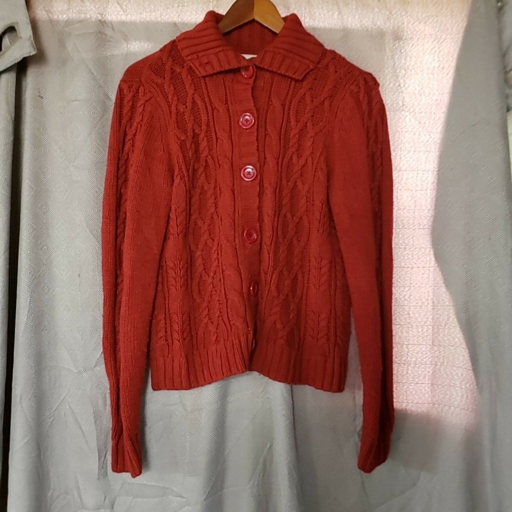 St. John's Bay Cardigan Sweater Womens Large Orange Collared Button Cable Knit